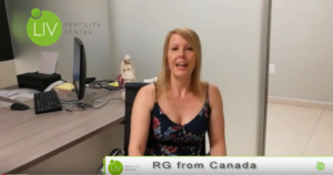 RG (female fertility patient) sitting in chair sharing her experience with IVF Mexico