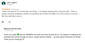 LIV Fertility Center Lydia Google Review